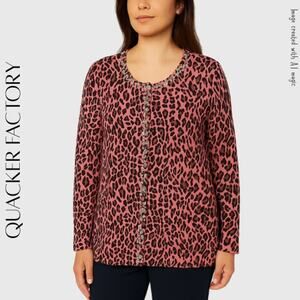 QUACKER FACTORY Pink & Black Animal Print Cardigan With Embellished Trim, M